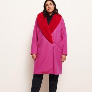 Plus Size Pink Coat with Faux Fur Red Collar